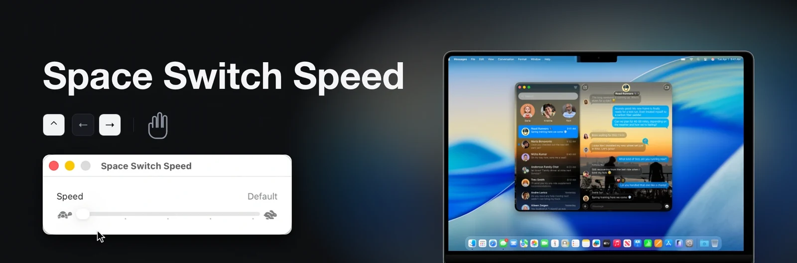 The Space Switch Speed window with its Speed slider being dragged from Default to Quick, while Control and the arrow keys and a three-finger swipe drive Spaces across a MacBook Pro